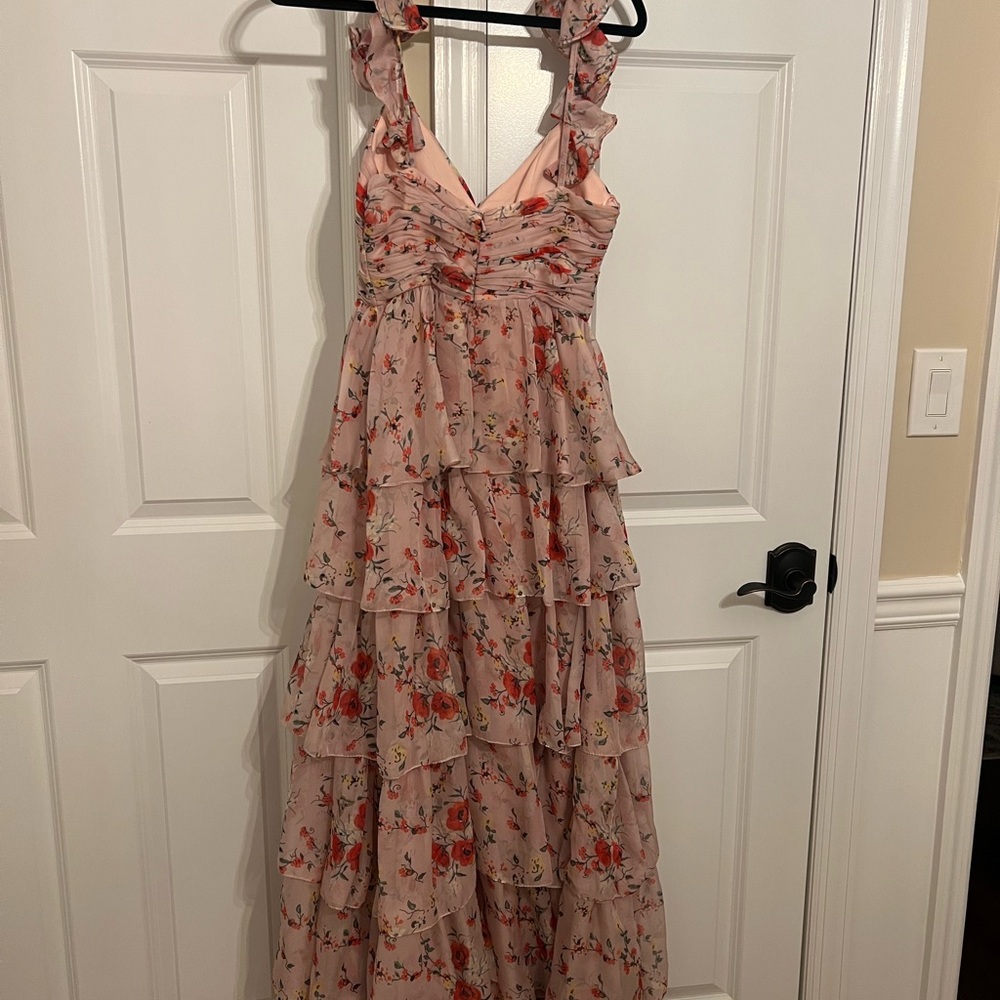 Mac Duggal Pink Floral Layered Maxi Dress